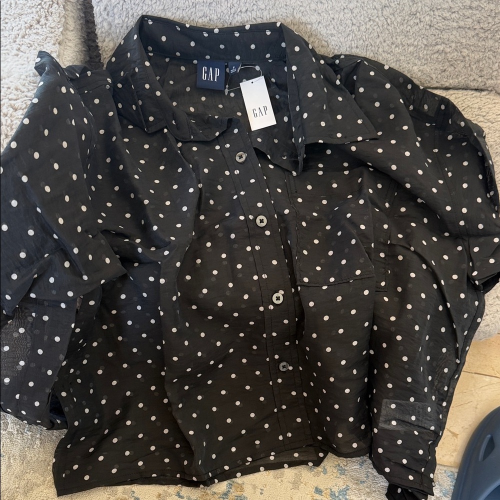 GAP Black Button-Up Shirt with White Polka Dots